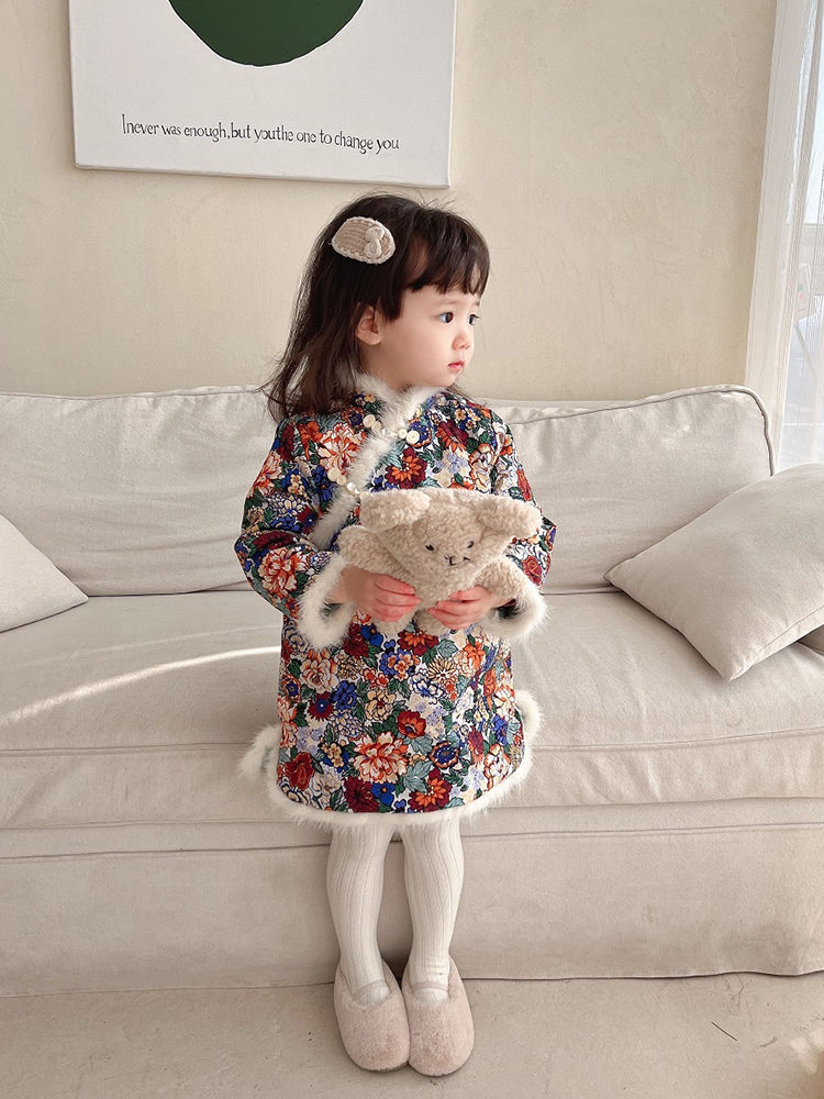 新年連衣裙女童2023秋冬寶寶拜年服氣質宮廷風甜美加絨兒童旗袍裙