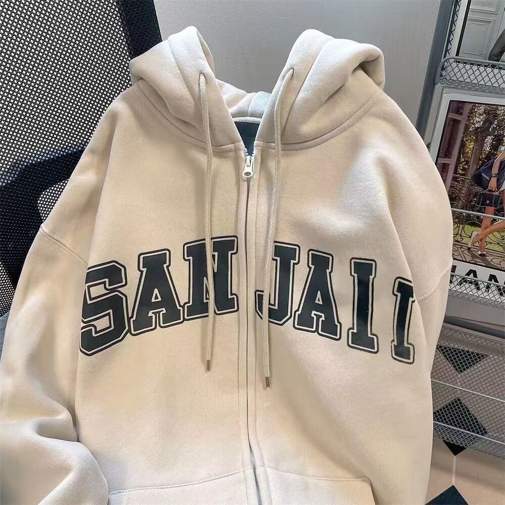 American retro lazy letter cardigan thin sweatshirt for men and women spring and autumn niche oversize trendy brand hooded jacket