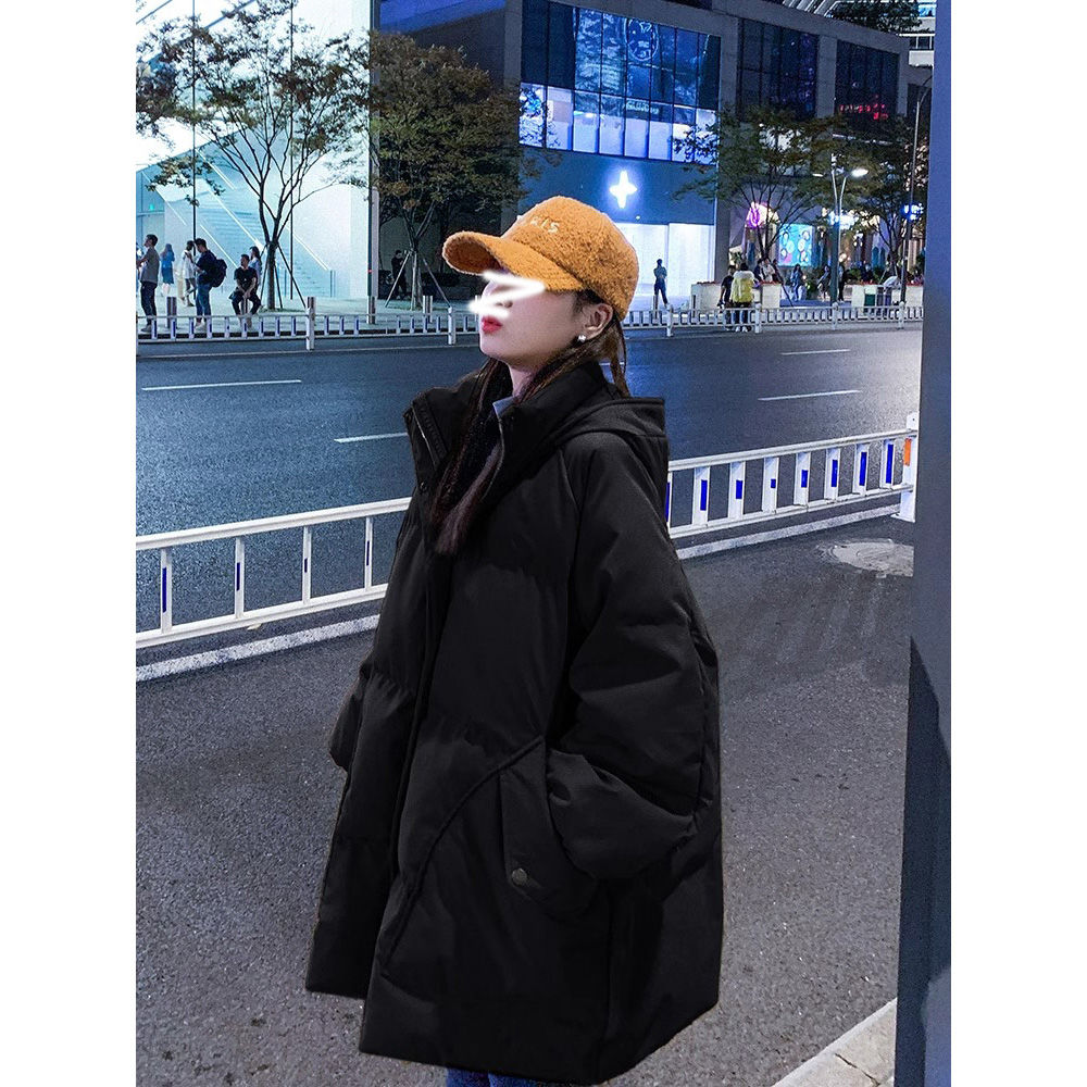 黑色连帽棉服女短款2023冬季新款韩版宽松小个子加厚工装棉衣外套