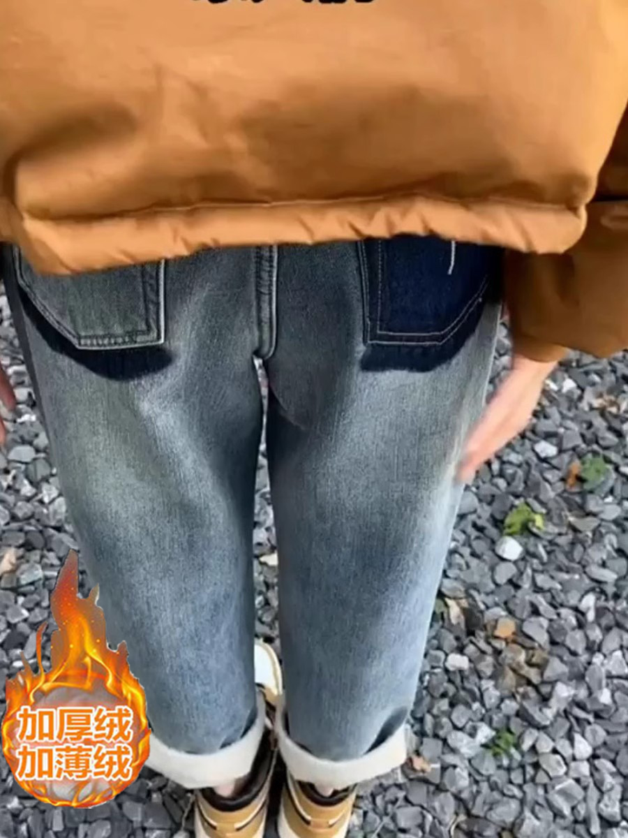 梨形身材冬季大碼新款高腰撞色牛仔褲女胖妹妹加絨寬鬆哈倫老爹褲