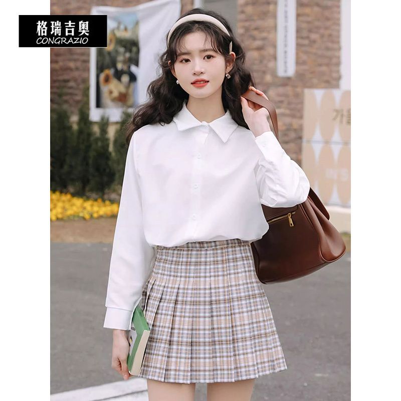 CONGRAZIO/格瑞吉奧秋季學院風寬鬆白襯衫女簡約長袖韓版內搭上衣