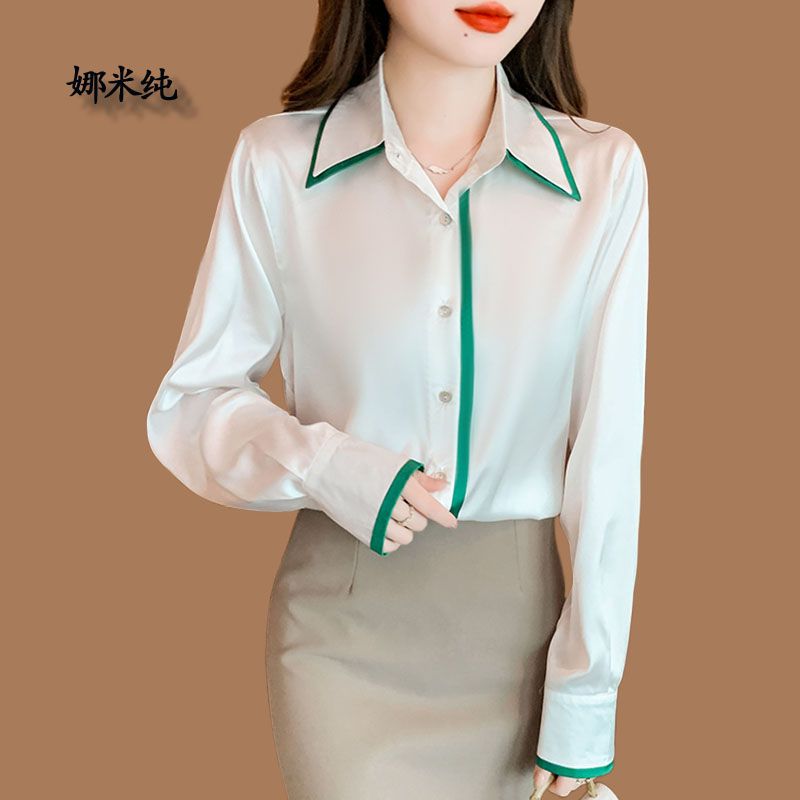 白色襯衫女2023緞面秋季新款緞面真絲設計感小眾寬鬆襯衣雪紡上衣