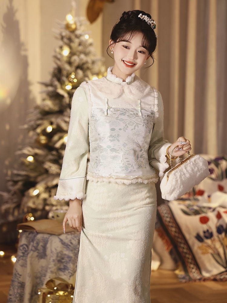 New Chinese style national style suit retro improved cheongsam dress women's jacquard vest  new autumn and winter plus velvet