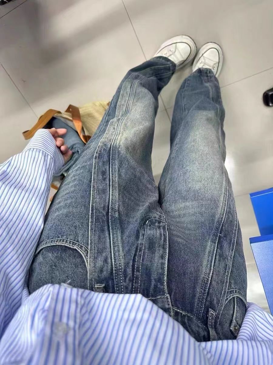 美式高街復古闊腿牛仔褲女秋冬小個子寬鬆顯瘦高腰直筒拖地長褲春