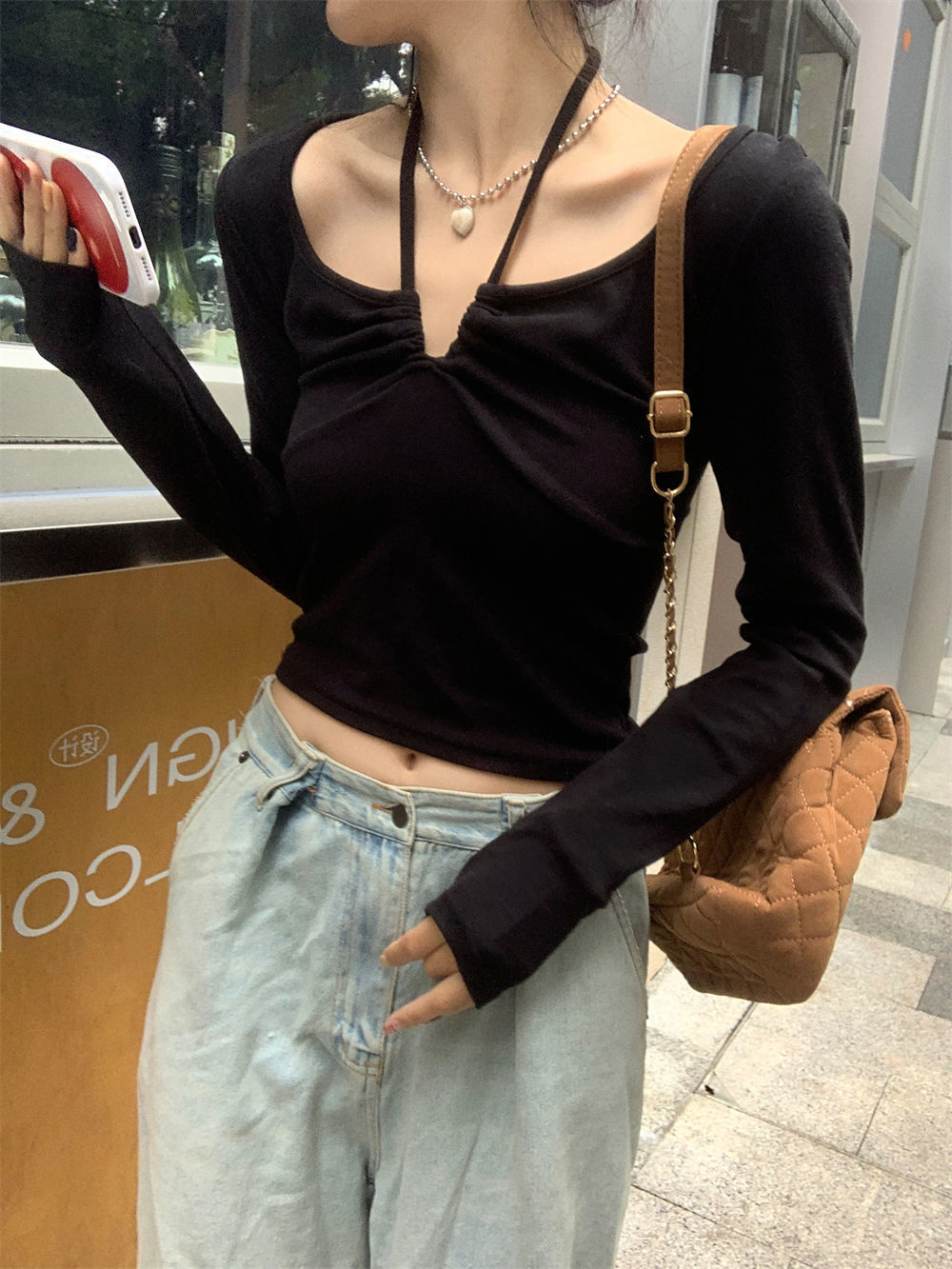雙面德絨純欲v領長袖t恤女秋季打底衫高級感修身短款辣妹掛脖上衣