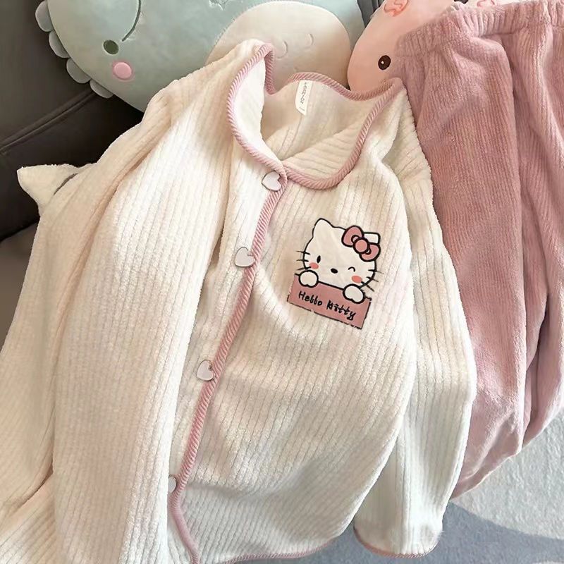 卡通可愛hellokitty睡衣女秋冬季加厚款法蘭絨長袖保暖套裝可外穿