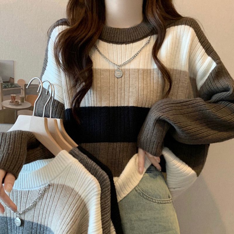 復古撞色條紋毛衣女秋冬2023新款日系慵懶風軟糯套頭短款寬鬆上衣