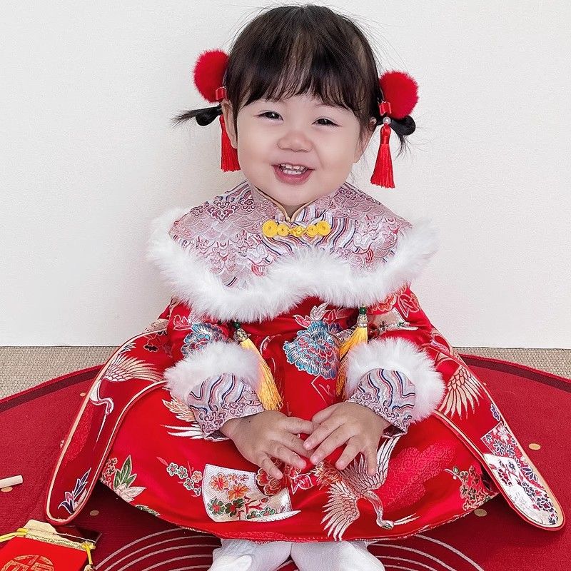 女寶寶周歲禮服秋冬抓周唐裝中國風一周歲冬裝拜年服過年加厚冬款