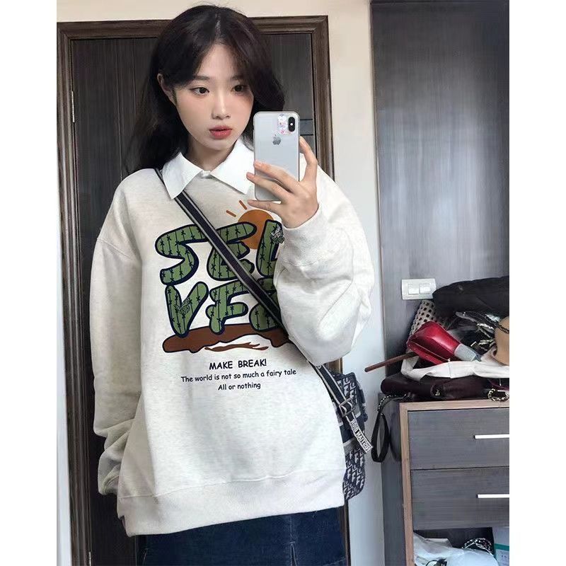 美式高街圓領衛衣女款春秋加絨美式高級感寬鬆顯瘦慵懶風外套上衣