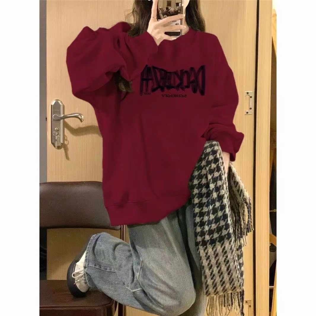 美式新款酒紅圓領衛衣女ins潮牌秋冬學生慵懶風加絨小個子外穿