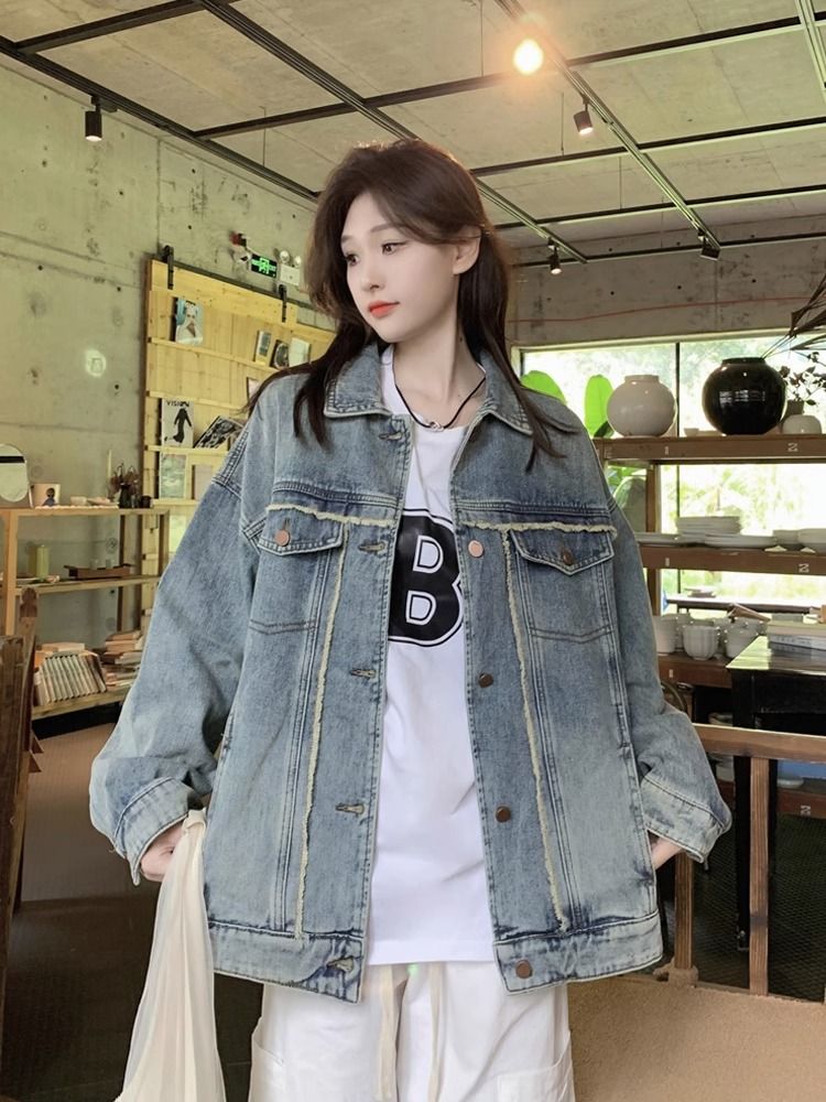 水洗做舊藍色牛仔外套女春秋chic復古中長款百搭寬鬆慵懶風夾克衫
