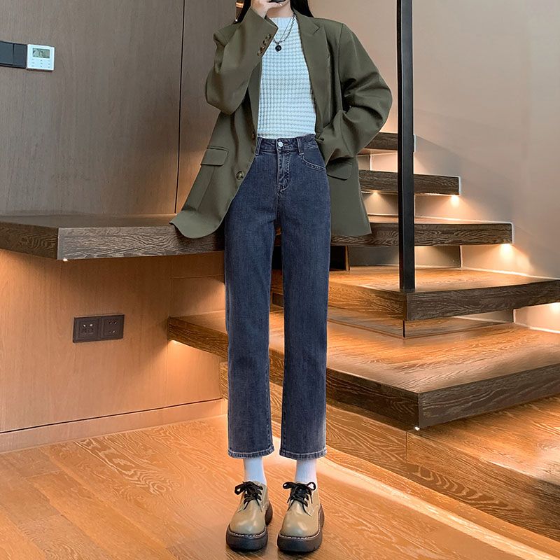 藍灰色高腰直筒牛仔褲女裝春秋2023年新款顯瘦九分寬鬆闊腿煙管褲