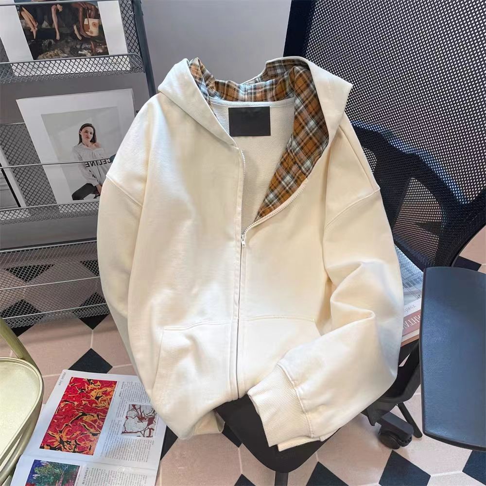 美式復古格子拼接連帽外套秋冬新款加絨加厚寬鬆慵懶風開衫韓版