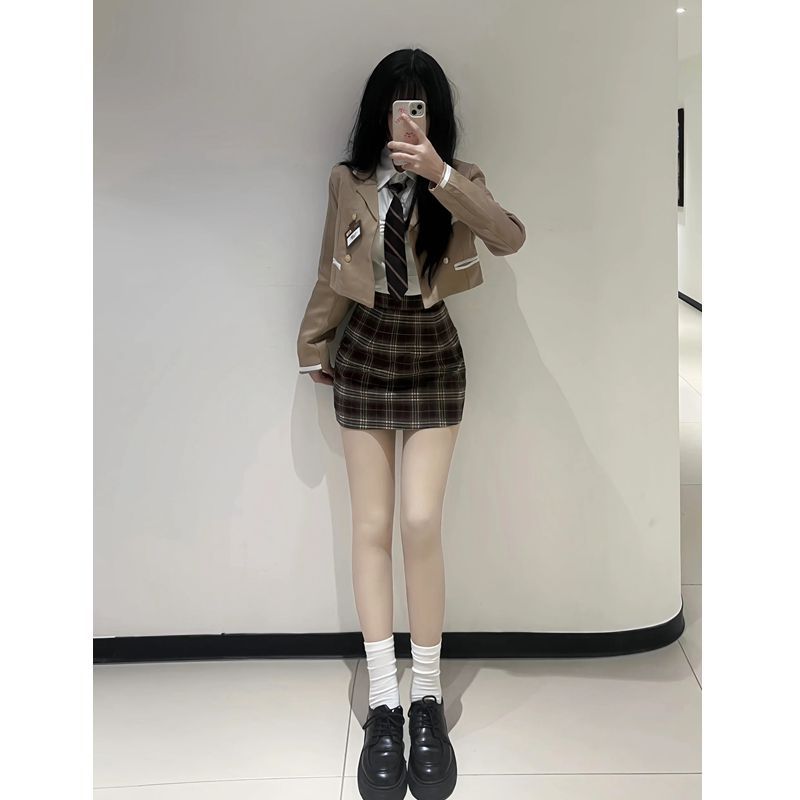 套裝女2023秋冬新款韓系學院風jk制服短款西裝外套襯衫格紋半身裙