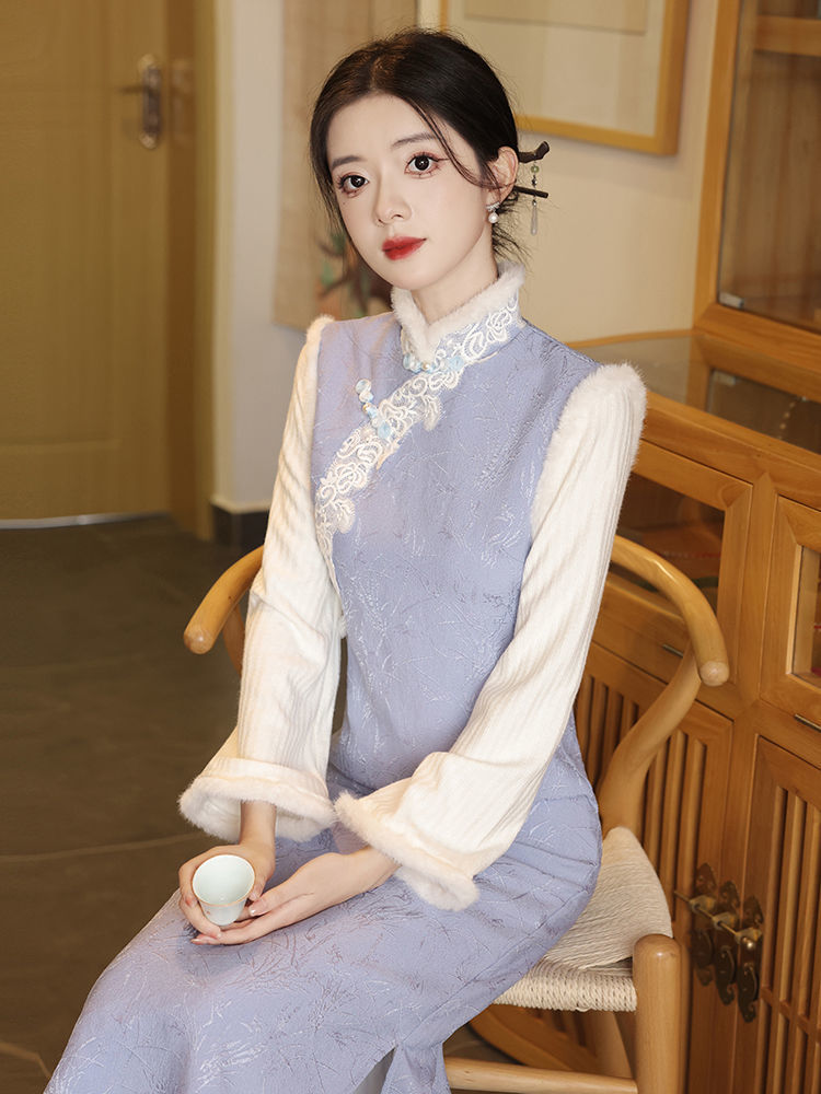 加厚旗袍2023新款秋冬季新中式優雅氣質年輕款少女連衣裙日常可穿