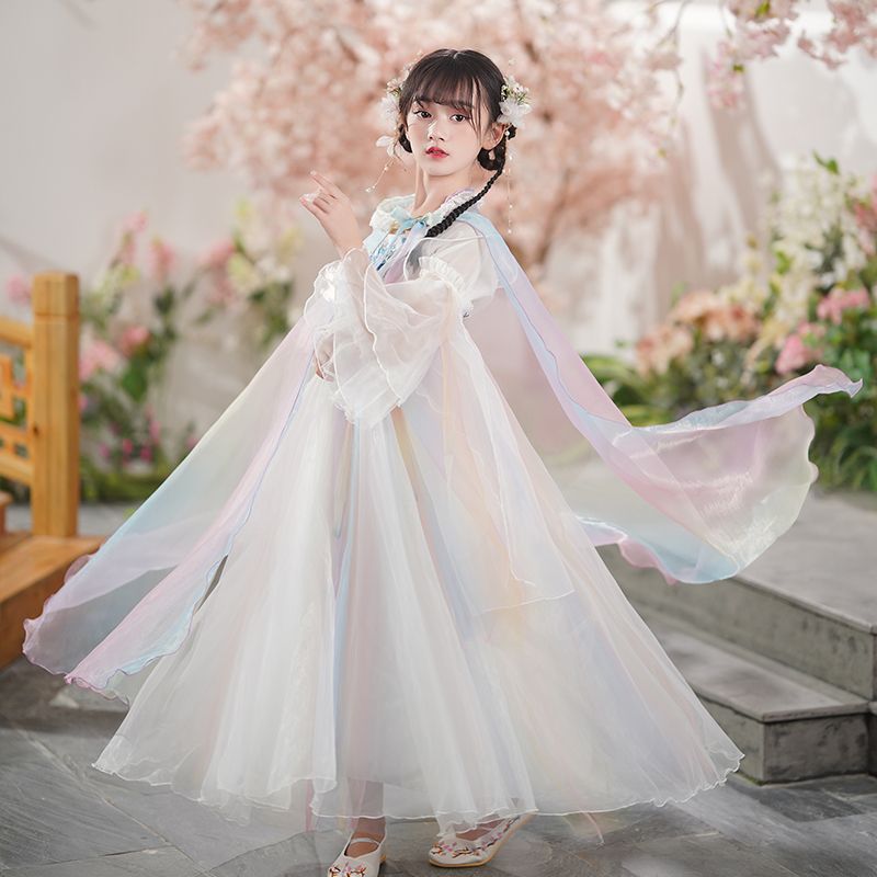 女童秋季漢服連衣裙中國風超仙2023新款兒童古風唐裝公主裙子春秋