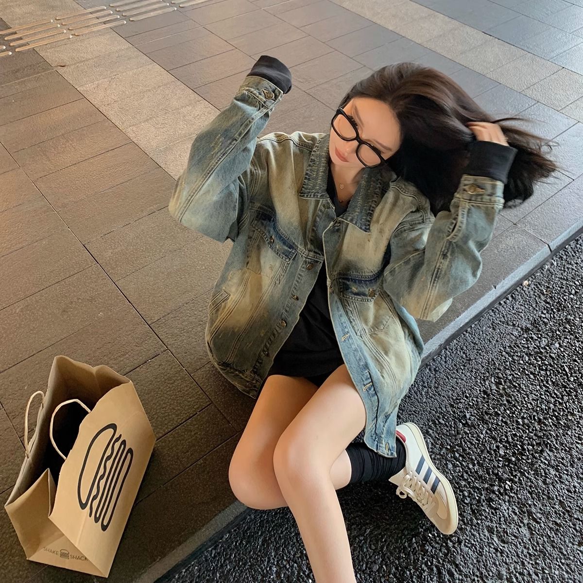 American retro boyfriend style distressed frayed denim jacket for women autumn thin loose slim Korean style lazy style top