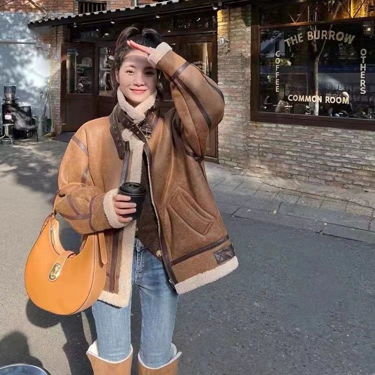 皮毛一體羊羔毛外套女2023新款冬季麂皮絨機車服夾克羊羔絨棉服