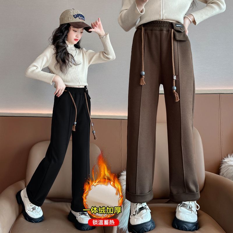 女童褲子秋冬款加絨加厚中大童冬季外穿一體絨休閒寬鬆直筒闊腿褲