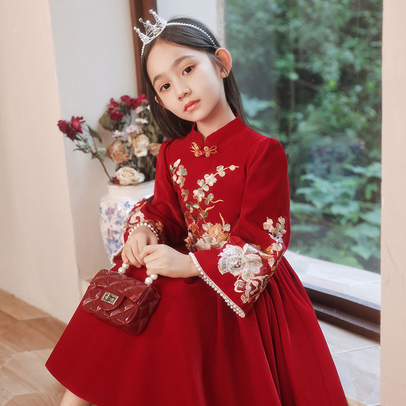 女童連衣裙加絨秋冬款小女孩中國風拜年服新款兒童紅色喜慶公主裙