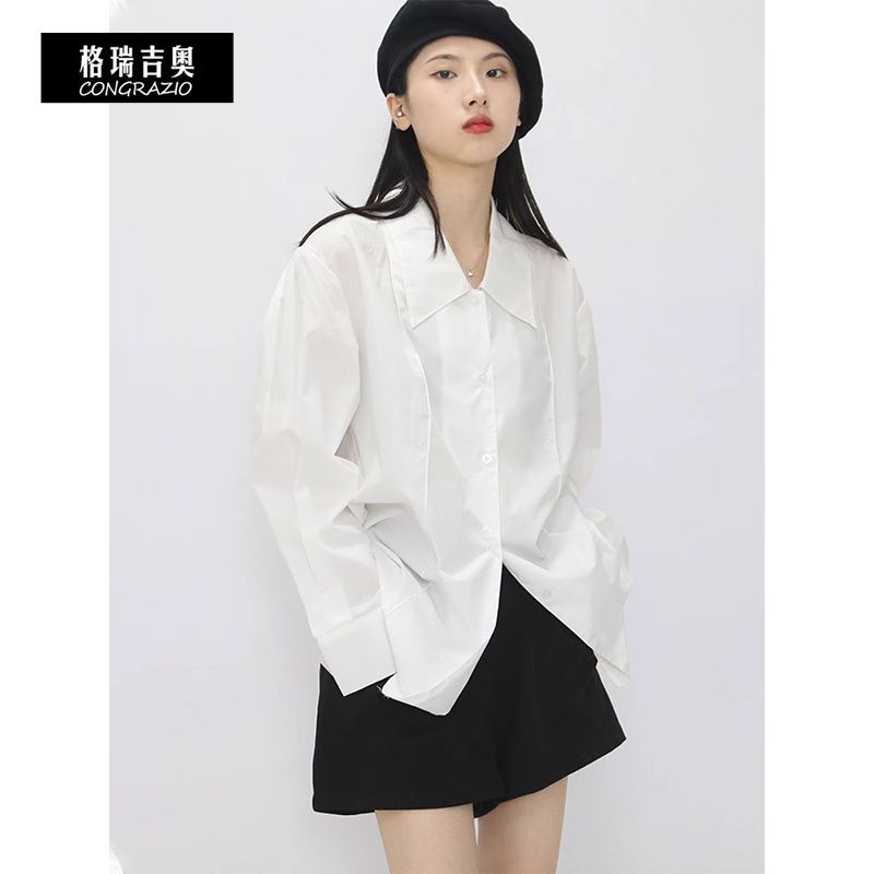CONGRAZIO/格瑞吉奧簡約白色襯衫設計感法式通勤OL內搭長袖上衣女