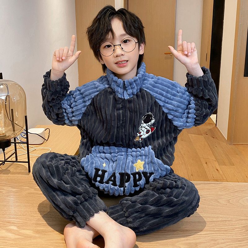 新款高檔外穿保暖法蘭絨男童睡衣男孩秋冬季加絨6-12歲學生珊瑚絨