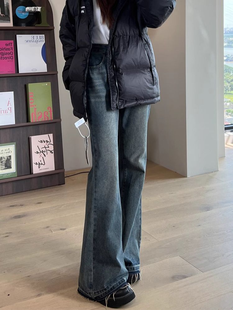 設計感復古毛邊微喇叭牛仔褲女冬季新款高腰顯瘦百搭闊腿拖地褲子