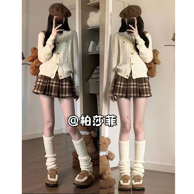 秋季溫柔系穿搭一整套女2023年新款韓版修身針織開衫百褶裙兩件套