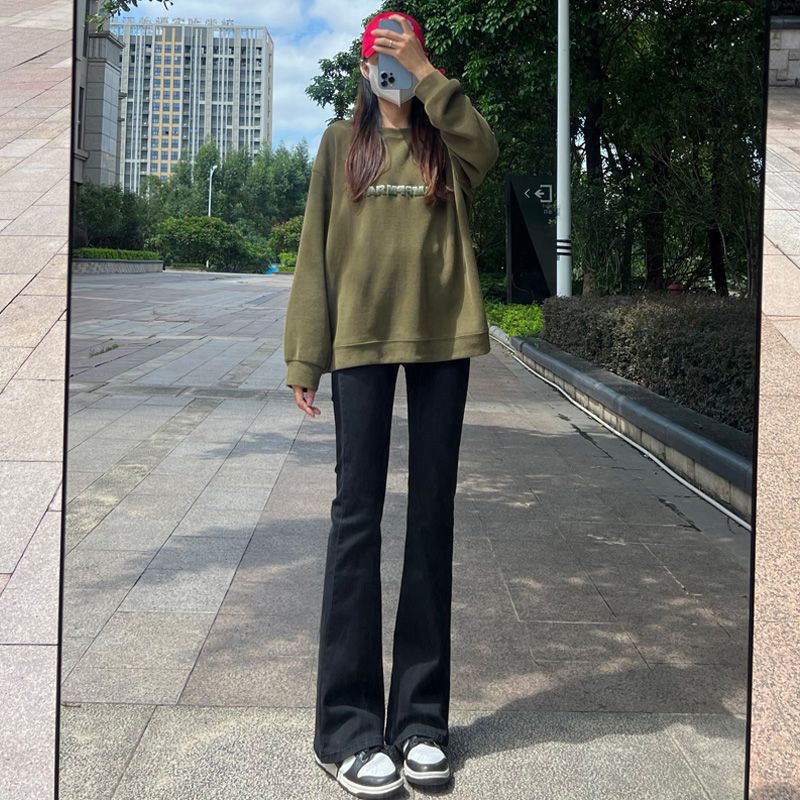 復古高腰微喇叭牛仔褲女顯瘦修身馬蹄拖地褲2023辣妹新款百搭黑色