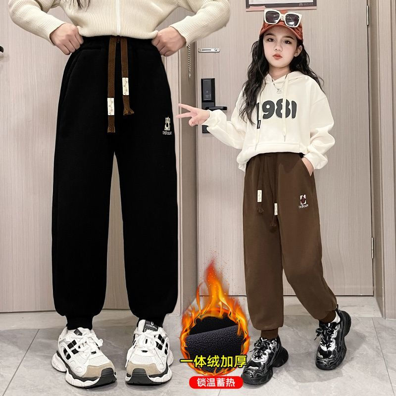 女童加絨褲子秋冬2023新款時尚女大童冬季加厚休閒運動褲兒童衛褲