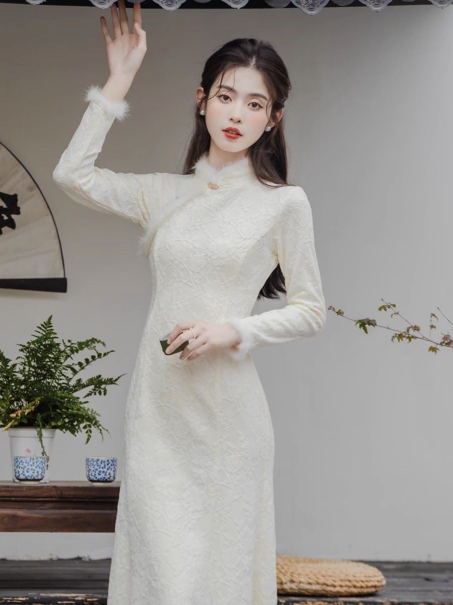 2023年秋冬新款改良旗袍新中式甜美女簡約溫柔風加絨加厚連衣裙