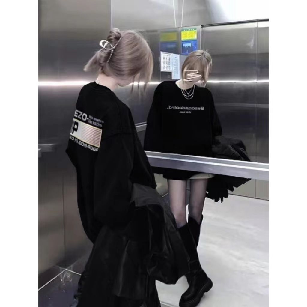 hiphop國潮牌圓領衛衣女黑色秋冬季加絨加厚寬鬆oversize外穿上衣