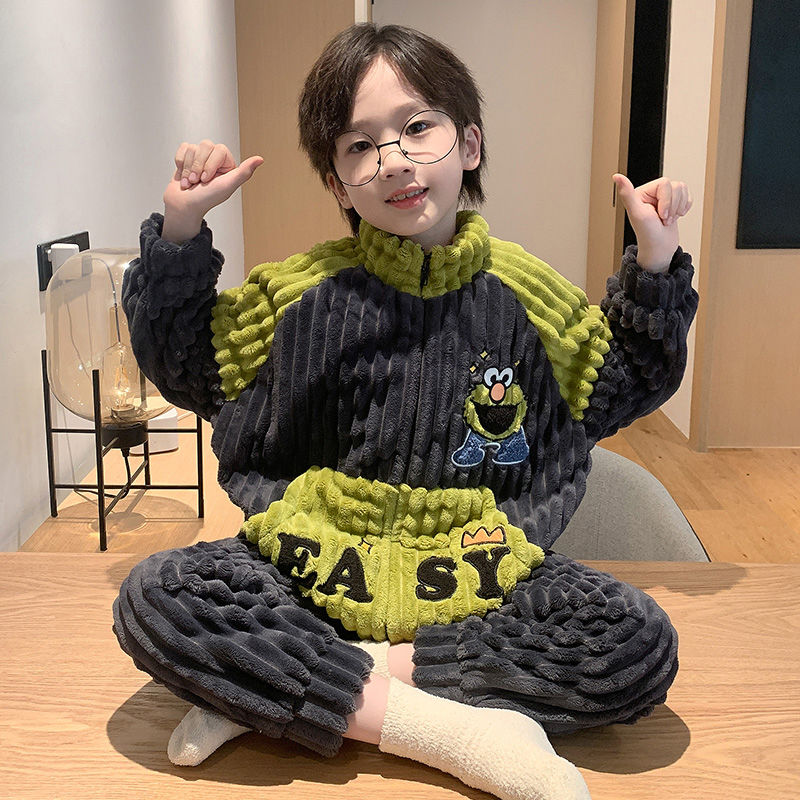 高檔法蘭絨男童睡衣兒童中大童男孩冬季加絨套裝青少年可外穿保暖
