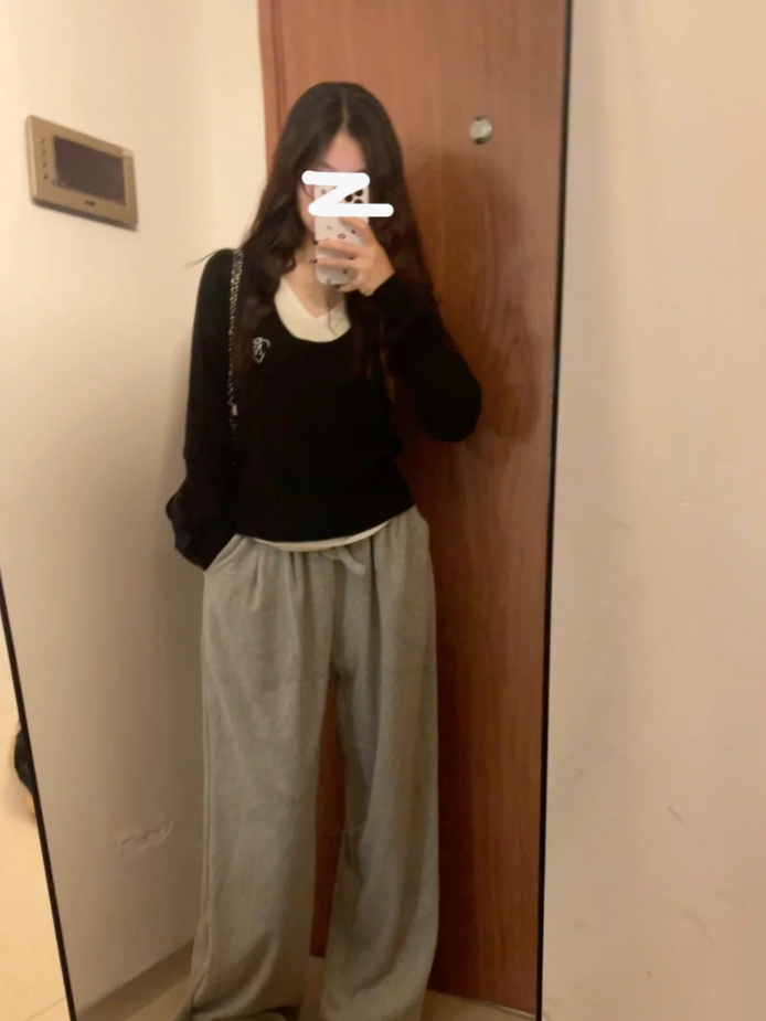 假兩件v領長袖衫女秋冬2023秋季新款薄款內搭打底衫上衣