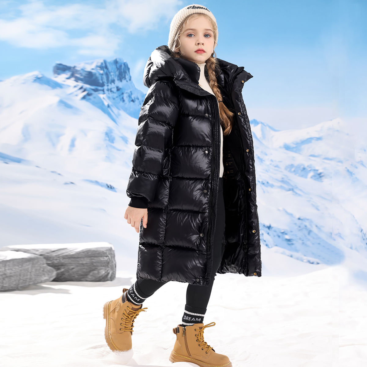 冬季中大童女童黑金棉衣外套中长款过膝加厚保暖2023新款儿童棉袄