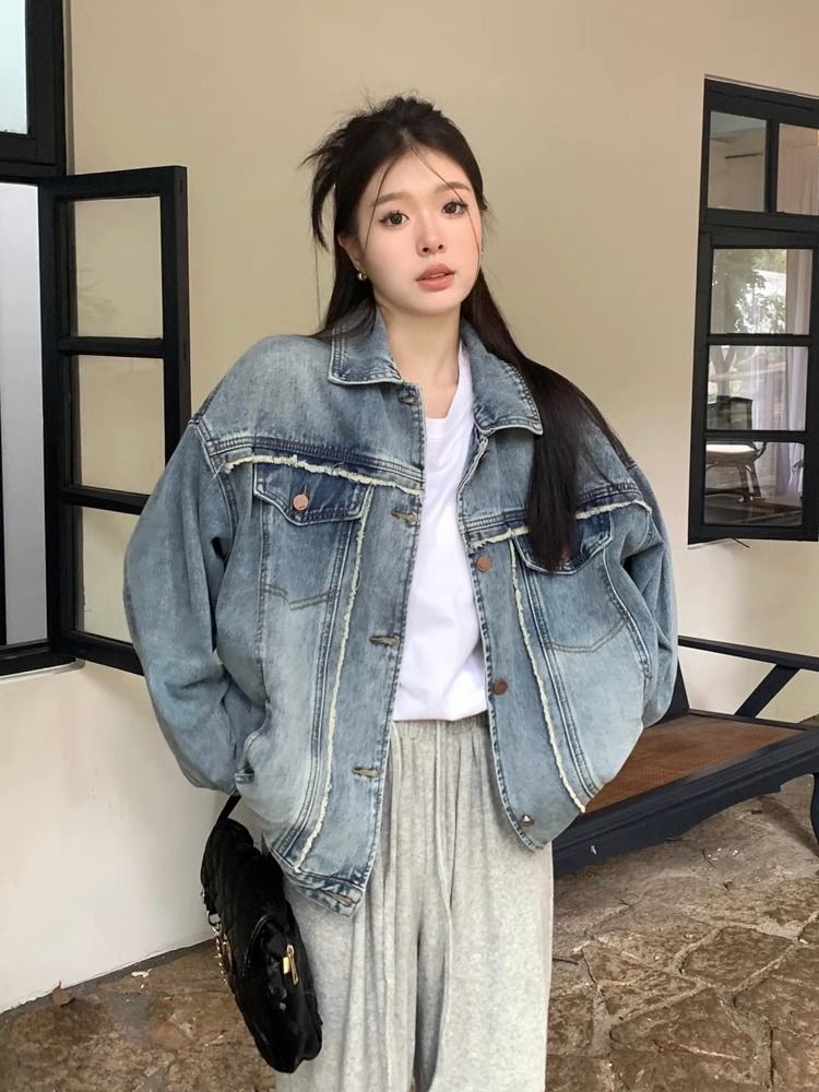 American retro Hong Kong style chic tassel casual denim jacket for women spring and autumn high-end design niche loose top