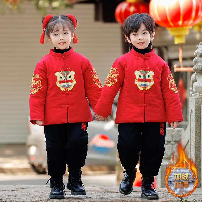男童唐裝冬款加絨加厚套裝中小童兄妹裝新年裝女童周歲抓周拜年服