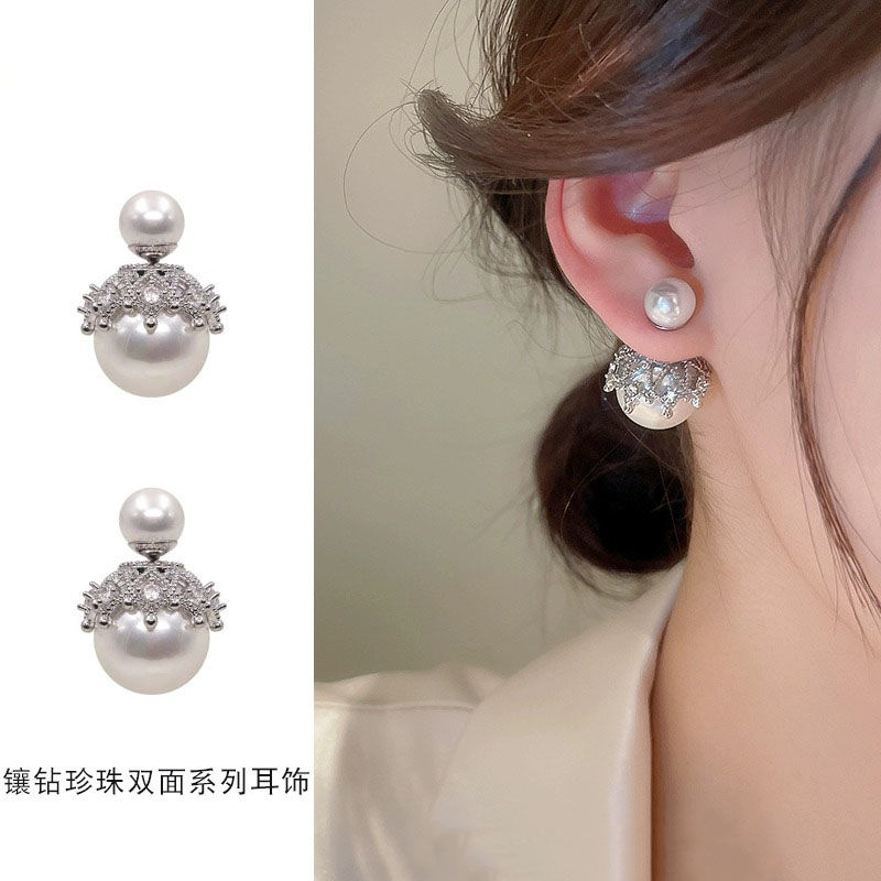 純銀耳釘雙面前後款珍珠女法式復古港風高級感耳環名媛氣質耳飾