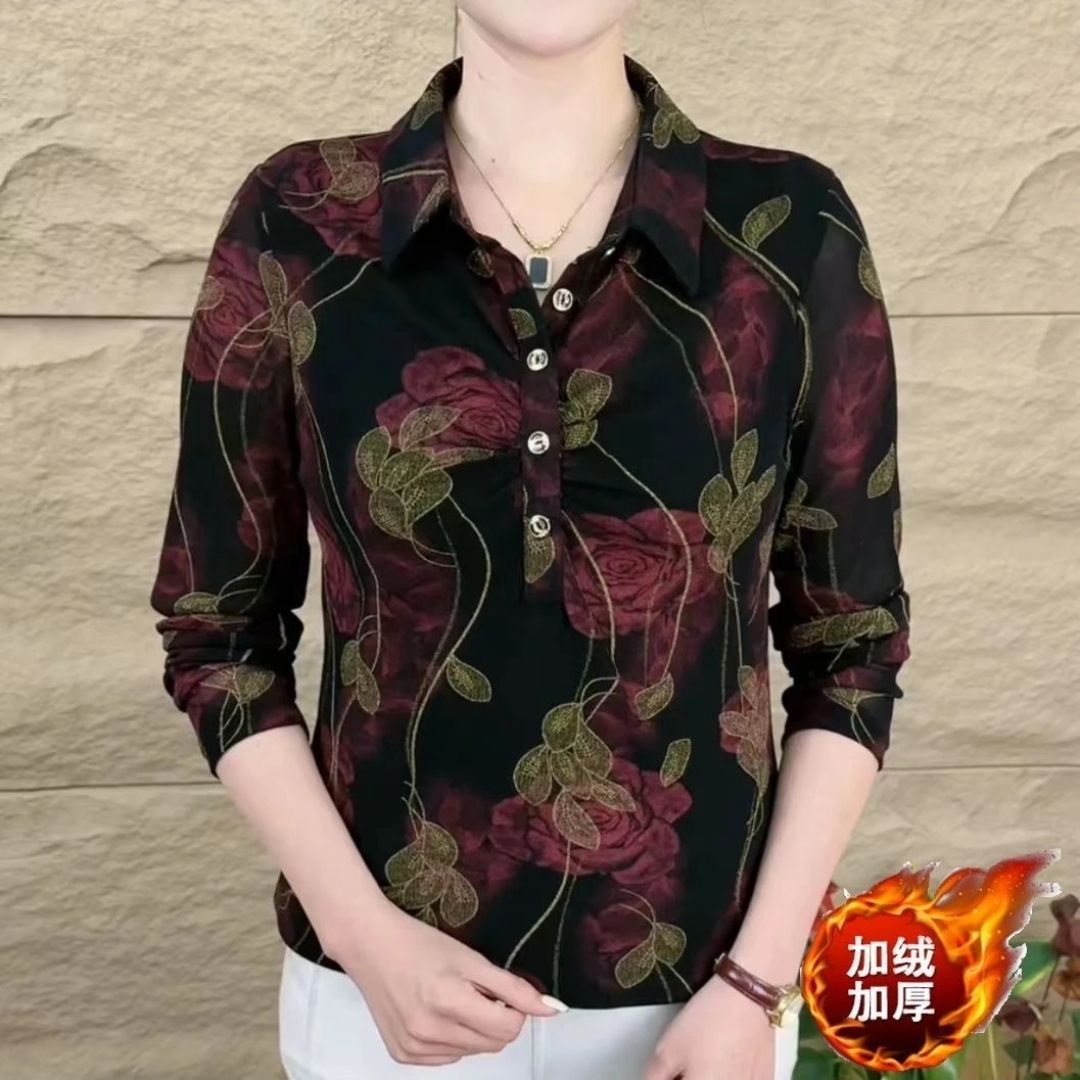 高檔秋冬加絨款保暖小衫時尚翻領洋氣質顯瘦媽媽長袖百搭打底衫女
