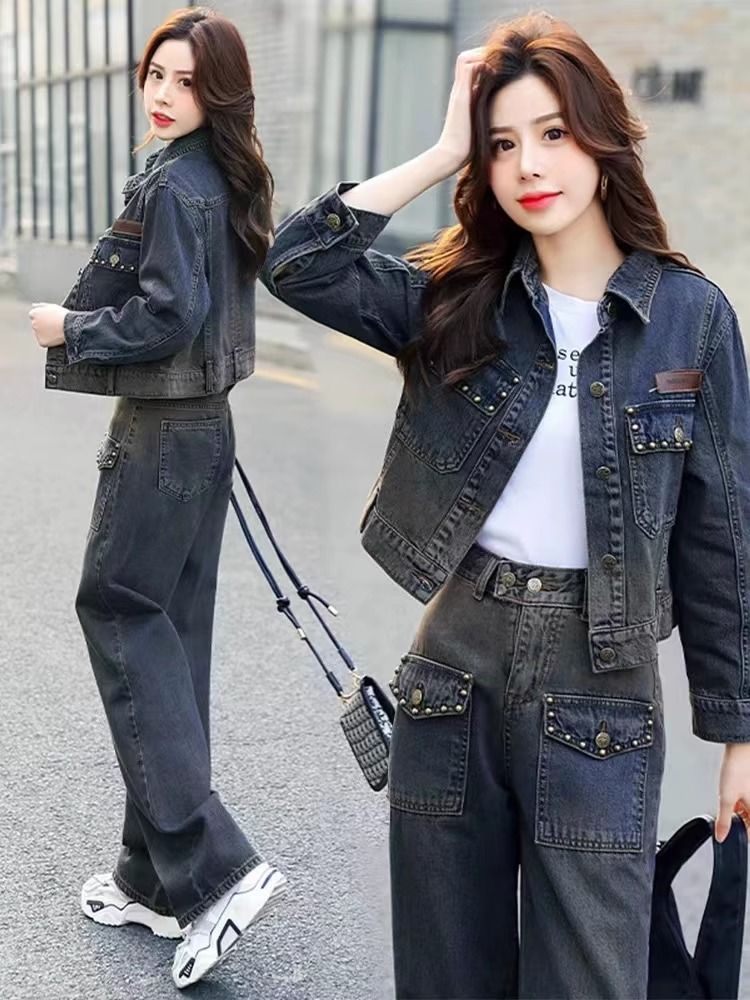 Denim suit women's autumn clothing 2023 new Internet celebrity casual fashion capable temperament two-piece set 2022 spring and autumn