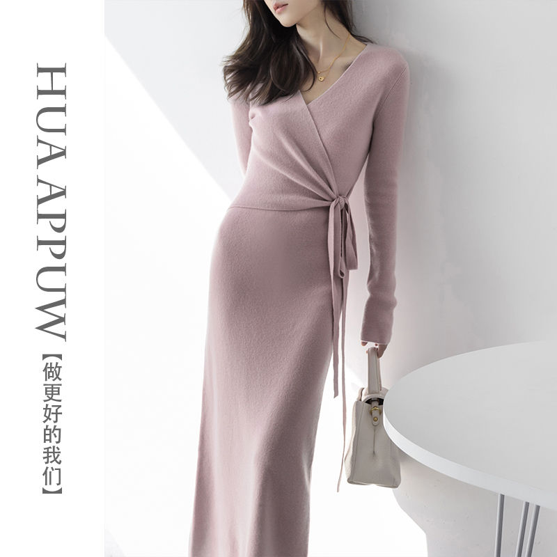 畫朴法式圍裹式針織連衣裙女裝2023秋冬季新款v領長袖修身長裙潮