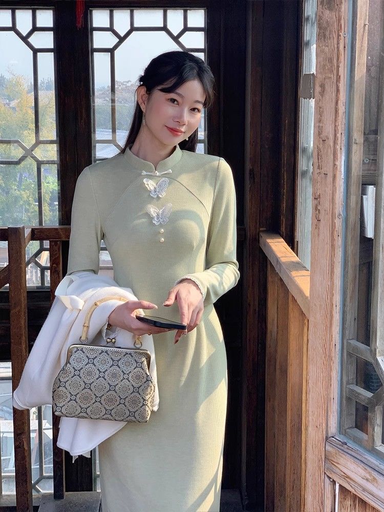 【蝶谷】新中式復古溫柔改良旗袍連衣裙女2023年秋冬款熱力感長裙