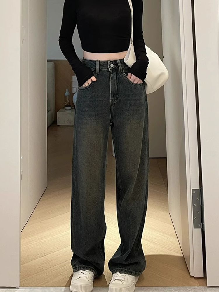 美式復古闊腿牛仔褲女冬季新款設計感高腰寬鬆顯瘦直筒拖地褲子潮