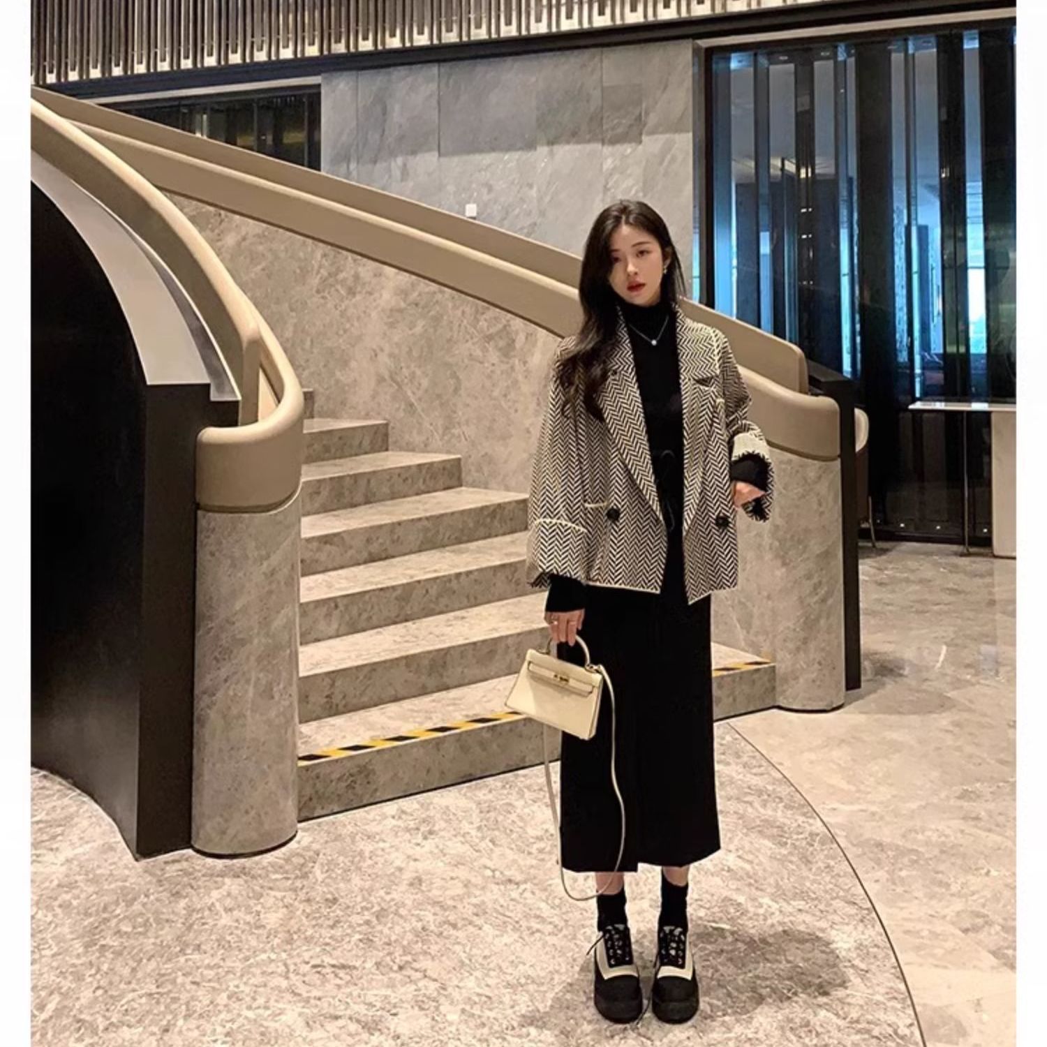 慵懶風寬鬆西裝領秋冬新款復古小香風針織開衫外套氣質