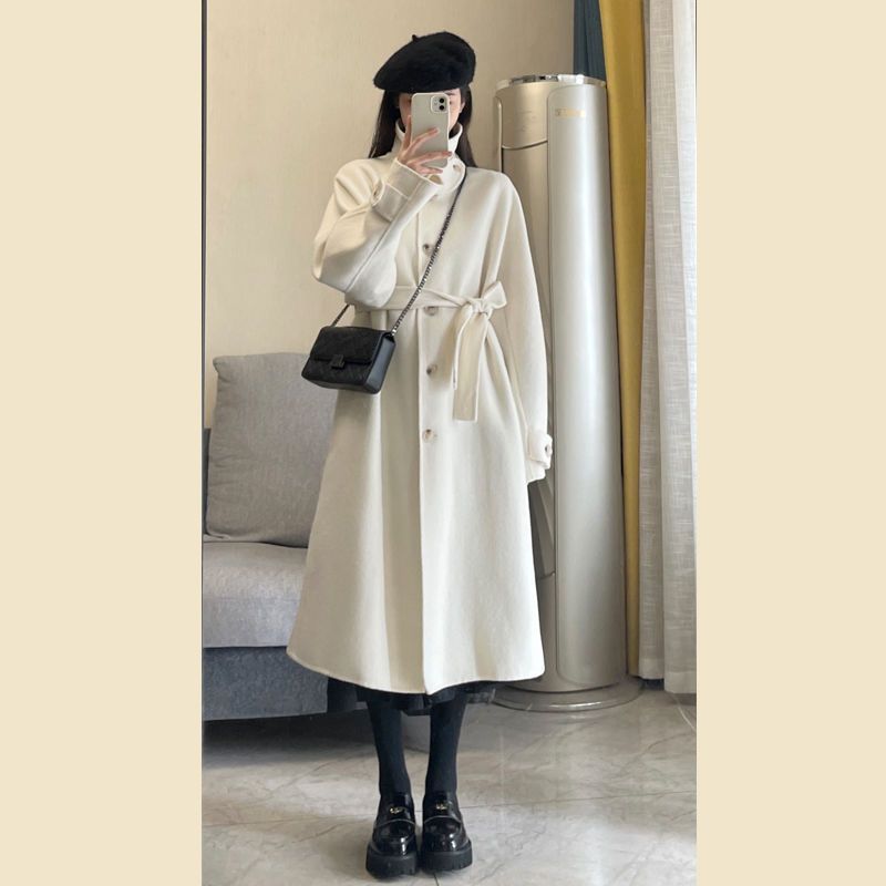 Double-sided fleece coat for women, mid-length,  autumn and winter, western style, loose, small student, stand-up collar woolen coat