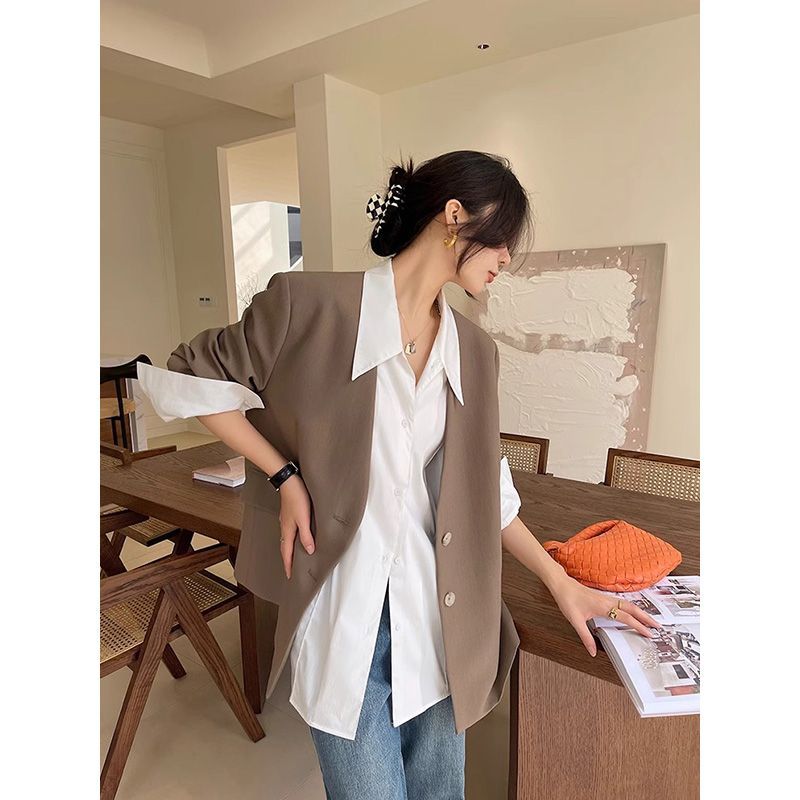 春秋通勤簡約白色襯衫女設計感小眾時髦氣質寬鬆翻領長袖職業上衣