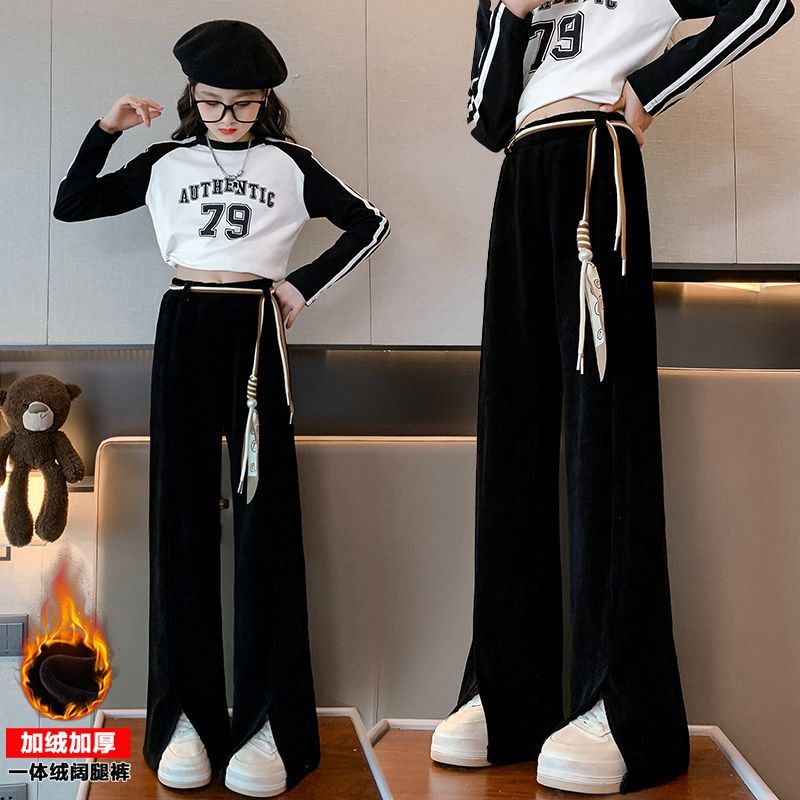 女童加絨褲子2023冬裝新款美拉德兒童闊腿褲中大童加厚開叉直筒褲