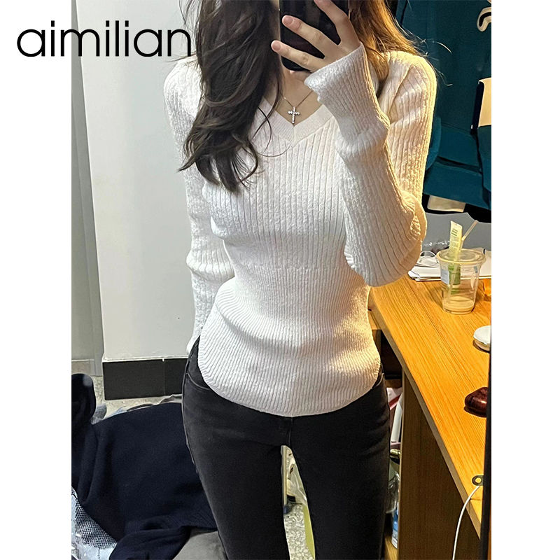 aimilian白色正肩V領針織打底衫女秋冬內搭修身收腰顯瘦長袖上衣