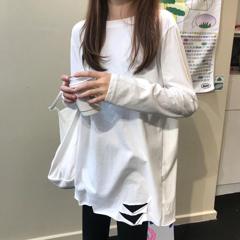 100%純棉韓版破洞長袖T恤女純棉內搭春秋季打底衫秋冬中長款上衣