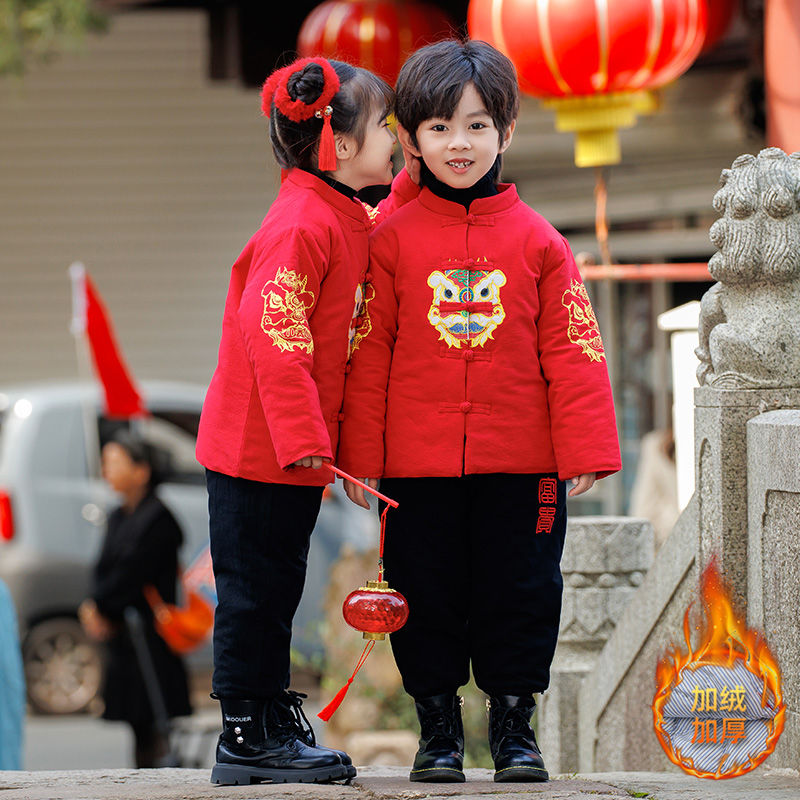 男童唐装冬款加绒加厚套装中小童兄妹装新年装女童周岁抓周拜年服